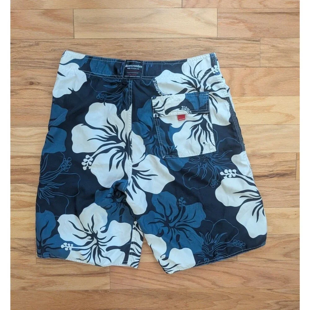 Vintage Abercrombie and Fitch Board Shorts Size 30 Blue White Hibiscus